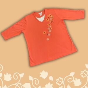 Country Store Womens XL Fall Top 3/4 Sleeve Embroidered & Embellished Leaf